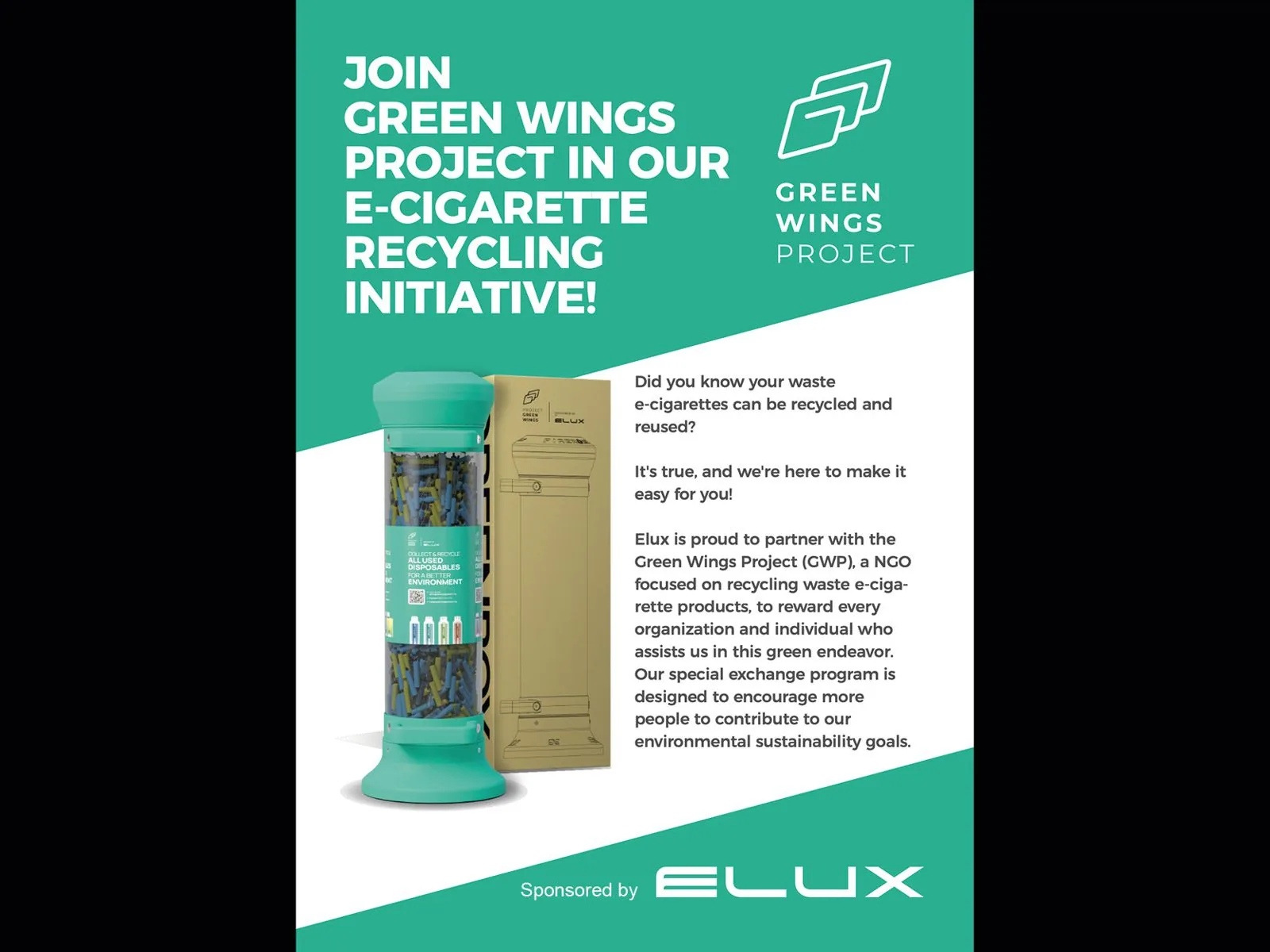 GREEN WINGS PROJECT LAUNCHES GROUNDBREAKING E-CIGARETTE RECYCLING PROGRAM